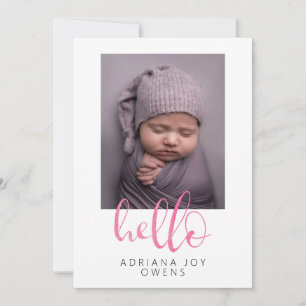 Watercolor Hello Pink Script Photo Collage Baby Announcement