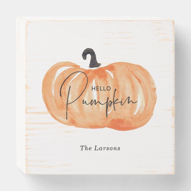 Watercolor Hello Pumpkin Fall Wooden Box Sign (Front Horizontal)