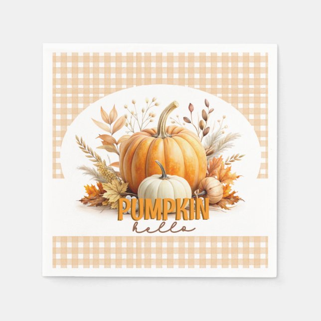 Watercolor Hello Pumpkin, Happy Fall Y'all, Autumn Napkins (Front)