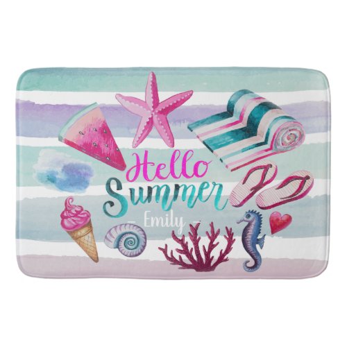 Watercolor Hello Summer Monogram Beach Stripes Bath Mat