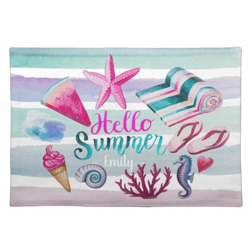 Watercolor Hello Summer Monogram Beach Stripes Cloth Placemat