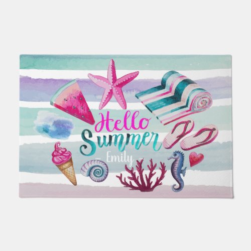 Watercolor Hello Summer Monogram Beach Stripes Doormat