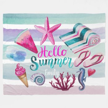 Watercolor Hello Summer Monogram Beach Stripes Fleece Blanket by BCMonogramMe at Zazzle