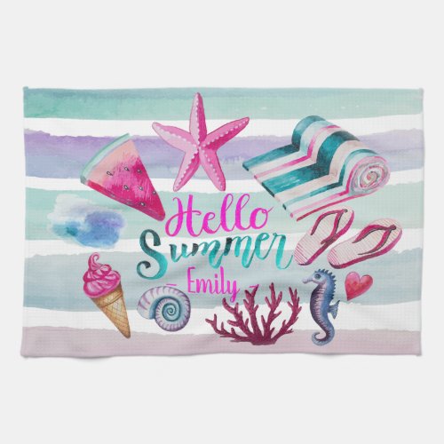 Watercolor Hello Summer Monogram Beach Stripes Kitchen Towel