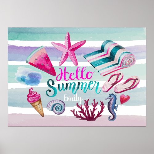 Watercolor Hello Summer Monogram Beach Stripes Poster