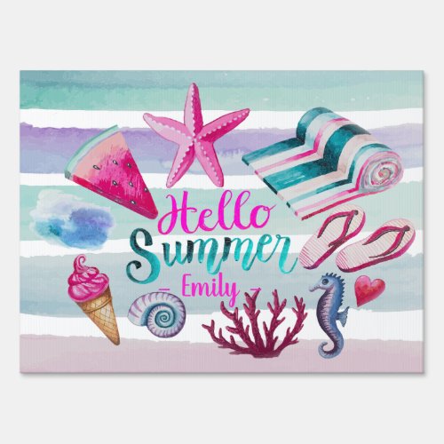 Watercolor Hello Summer Monogram Beach Stripes Sign