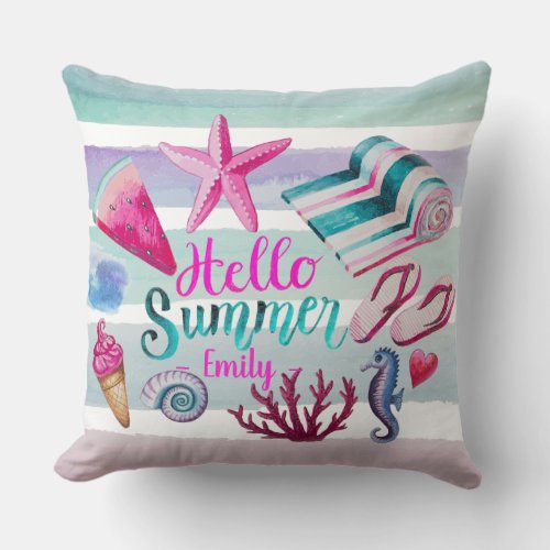 Watercolor Hello Summer Monogram Beach Stripes Throw Pillow