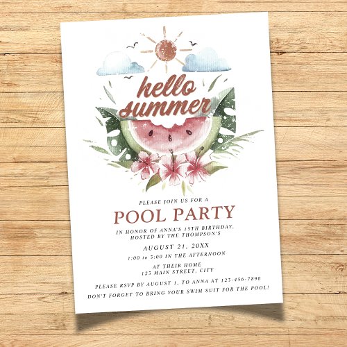 Watercolor Hello Summer Pool Party Invitation