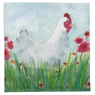 Watercolor Hen and Poppies Cloth Napkin