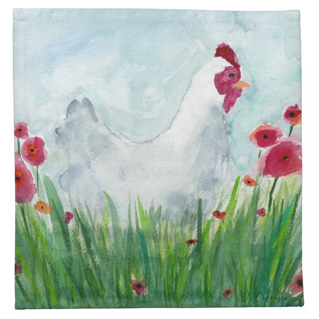 Watercolor Hen and Poppies Cloth Napkin (Front)