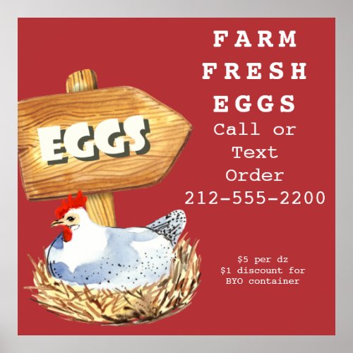Watercolor Hen Farm Fresh Eggs Poster
