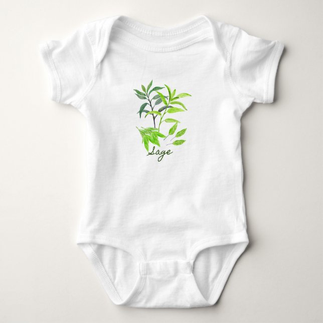 Watercolor herb sage illustration baby bodysuit (Front)