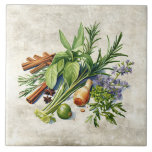 Watercolor Herbs Faux Texture  Ceramic Tile<br><div class="desc">Rustic watercolor graphic design of herbs & cinnamon sticks.  A vintage country look.  Perfect for your country French or cottage farmhouse kitchen.</div>