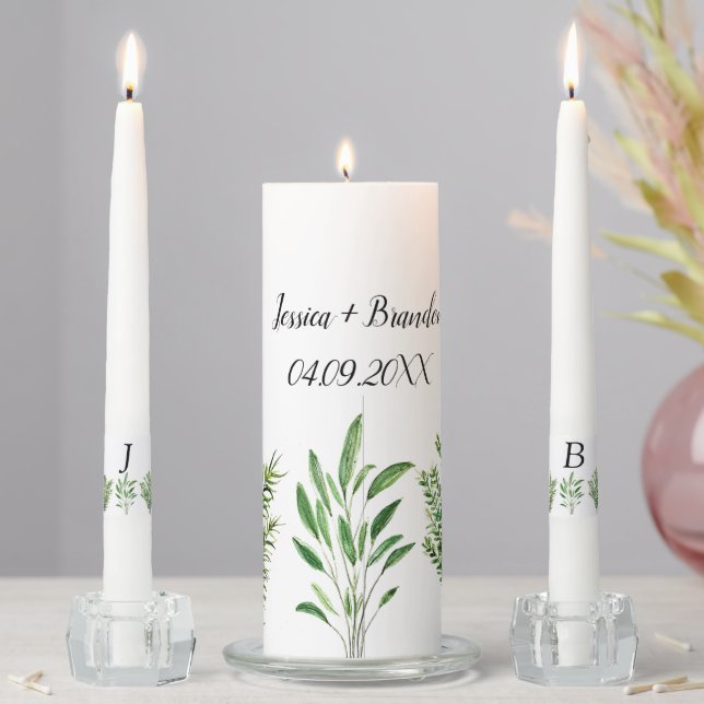 Watercolor Herbs Greenery Monogram Rustic Elegant Unity Candle Set (In Situ)