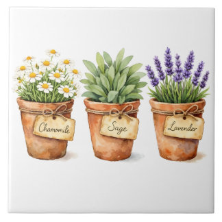 Watercolor Herbs Growing in the Pots Ceramic Tile
