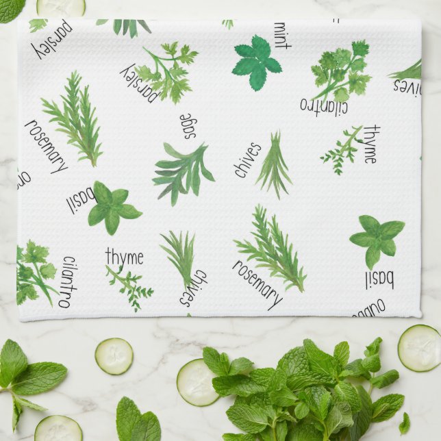 Watercolor Herbs Kitchen Hand Towel (Folded)