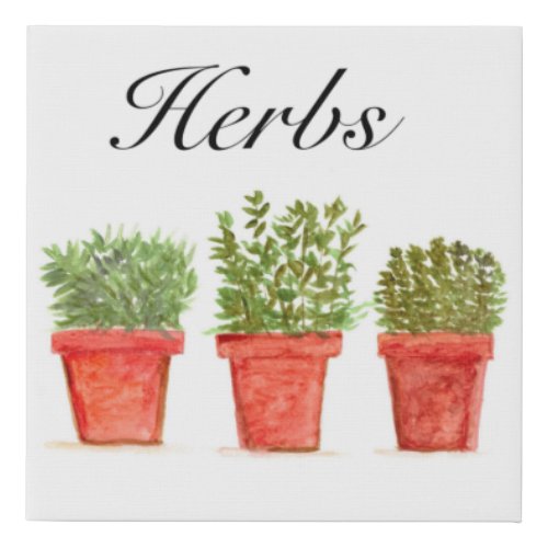 Watercolor Herbs Thyme Rosemary Oregano Plants Pot Faux Canvas Print