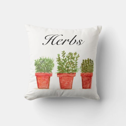 Watercolor Herbs Thyme Rosemary Oregano Plants Pot Throw Pillow