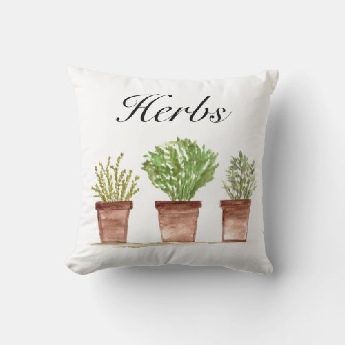 Watercolor Herbs Thyme Rosemary Parsley Plants Pot Throw Pillow