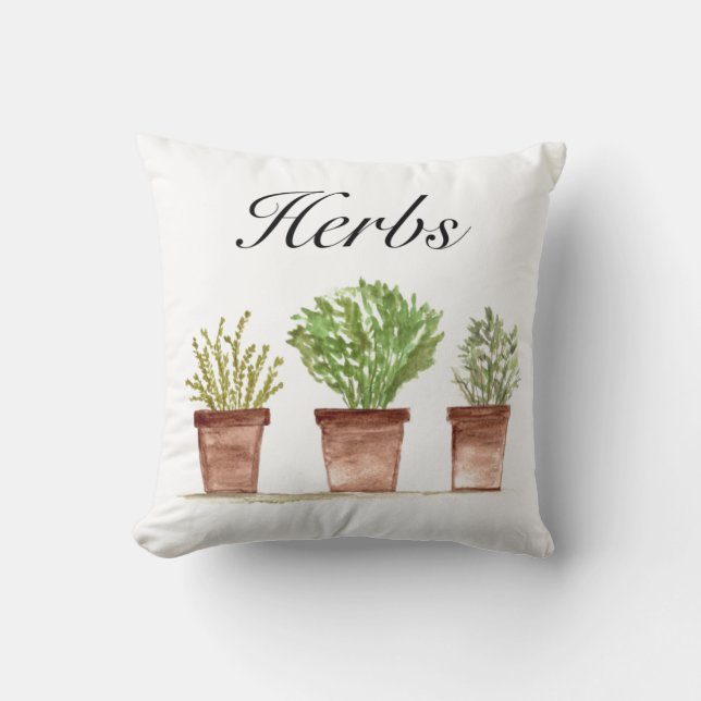 Watercolor Herbs Thyme Rosemary Parsley Plants Pot Throw Pillow (Front)