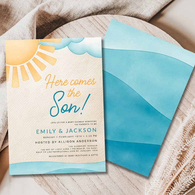 Watercolor Here Comes the Son Baby Boy Shower  Invitation (Creator Uploaded)