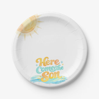 Watercolor Here Comes the Son Baby Shower Plates