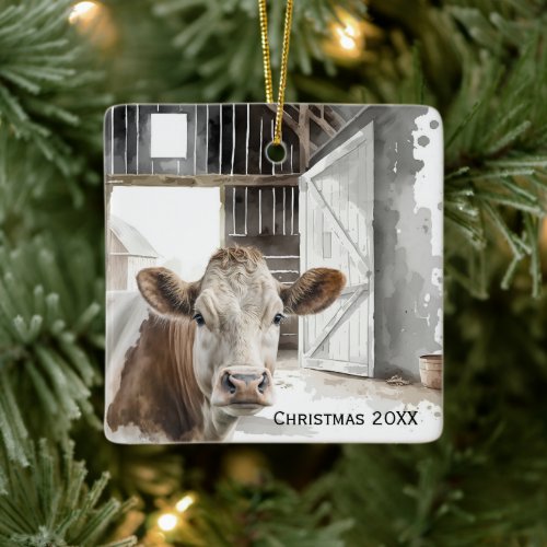 Watercolor Hereford Cow In Barn Ceramic Ornament
