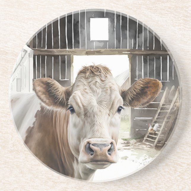 Watercolor Hereford Cow In Barn Coaster (Front)