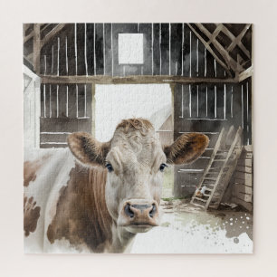 Watercolor Hereford Cow In Barn Jigsaw Puzzle