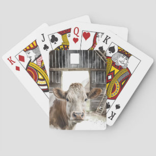 Watercolor Hereford Cow In Barn Poker Cards