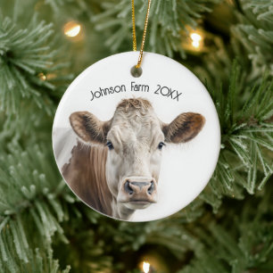 Watercolor Hereford Cow On White With Text Ceramic Ornament