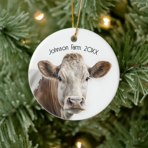 Watercolor Hereford Cow On White With Text Ceramic Ornament