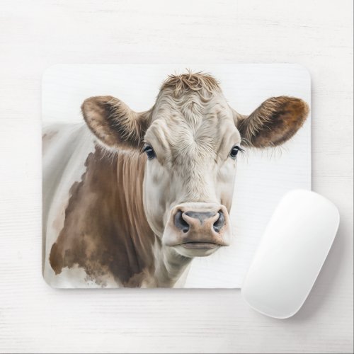 Watercolor Hereford Cow Portrait Mouse Pad
