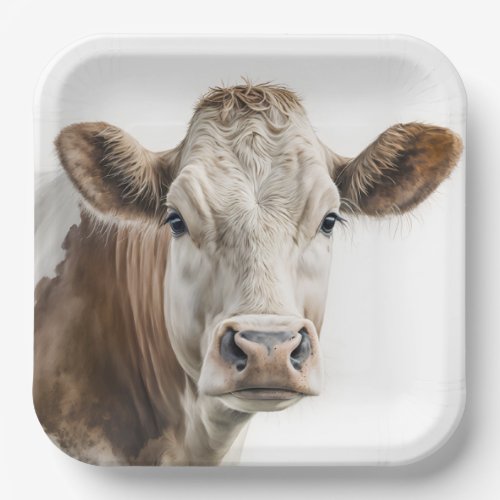Watercolor Hereford Cow Portrait Paper Plates