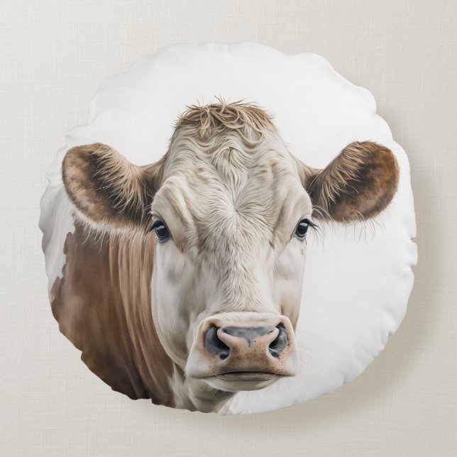 Watercolor Hereford Cow Portrait Round Pillow (Front)
