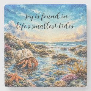 Watercolor Hermit Crab Exploring Tidepool w/ Quote Stone Coaster