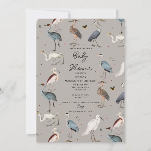 Watercolor Heron Bird Egret Nature Baby Shower Invitation