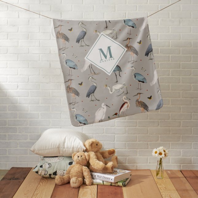 Watercolor Heron Bird Egret Nature Monogrammed Baby Blanket (In Situ)