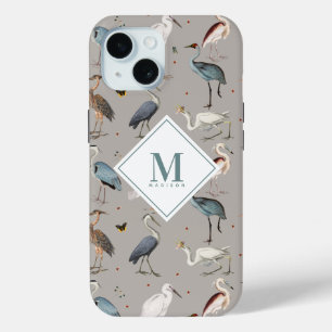 Watercolor Heron Bird Egret Nature Monogrammed iPhone 15 Case