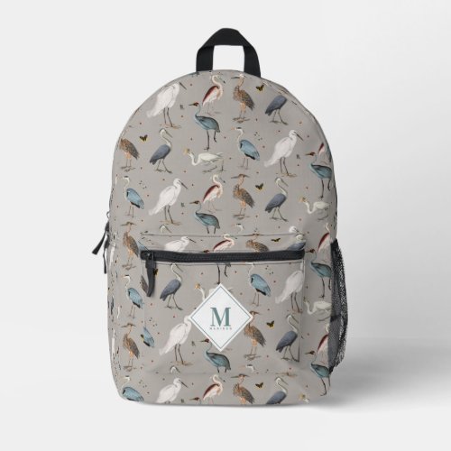 Watercolor Heron Bird Egret Nature Monogrammed Printed Backpack