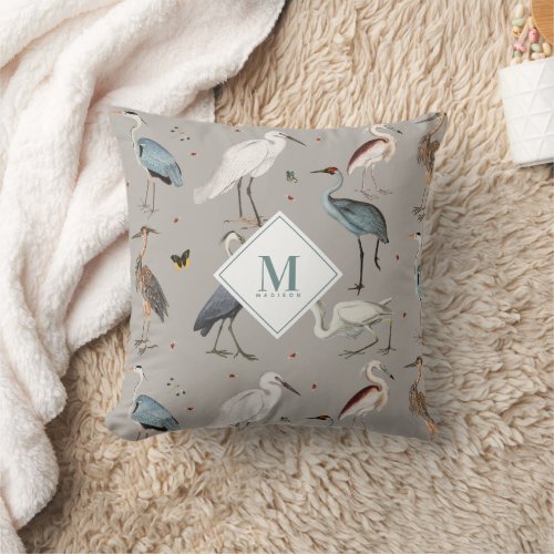 Watercolor Heron Bird Egret Nature Monogrammed Throw Pillow