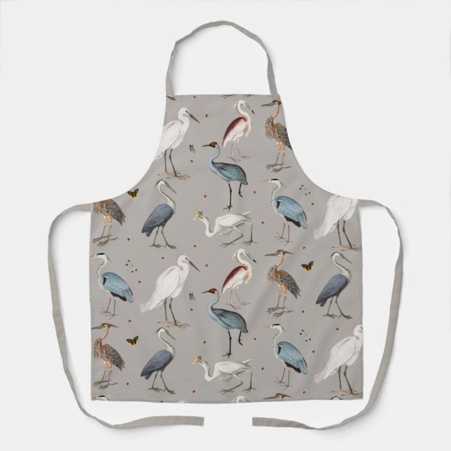 Watercolor Heron Bird Egret Nature Pattern Apron (Front)