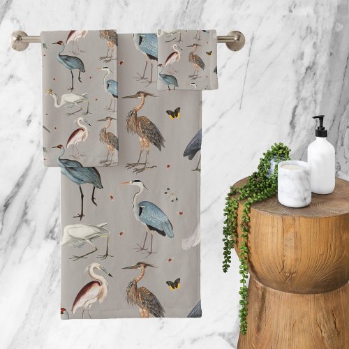 Watercolor Heron Bird Egret Nature Pattern Bath Towel Set