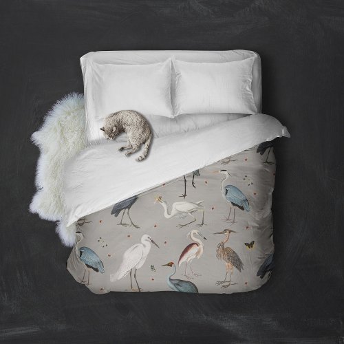 Watercolor Heron Bird Egret Nature Pattern Duvet Cover