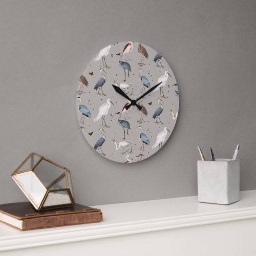 Watercolor Heron Bird Egret Nature Pattern Large Clock