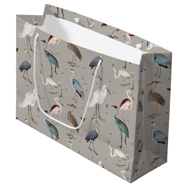 Watercolor Heron Bird Egret Nature Pattern Large Gift Bag (Front Angled)