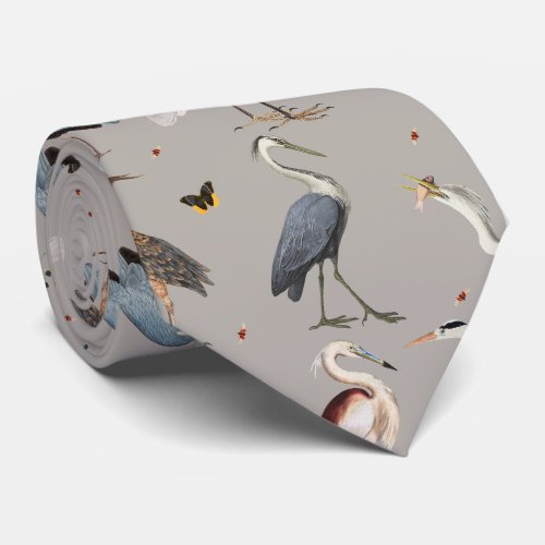 Watercolor Heron Bird Egret Nature Pattern Neck Tie