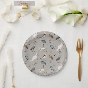 Watercolor Heron Bird Egret Nature Pattern Paper Plates