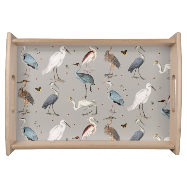 Watercolor Heron Bird Egret Nature Pattern Serving Tray (Front)