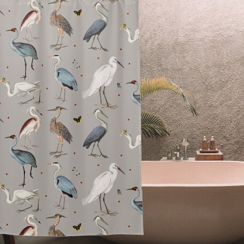 Watercolor Heron Bird Egret Nature Pattern Shower Curtain